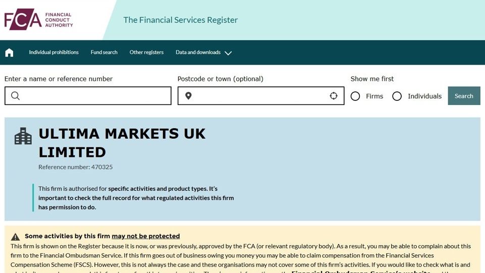 FCA官網顯示Ultima Markets獲得許可證- ultima markets