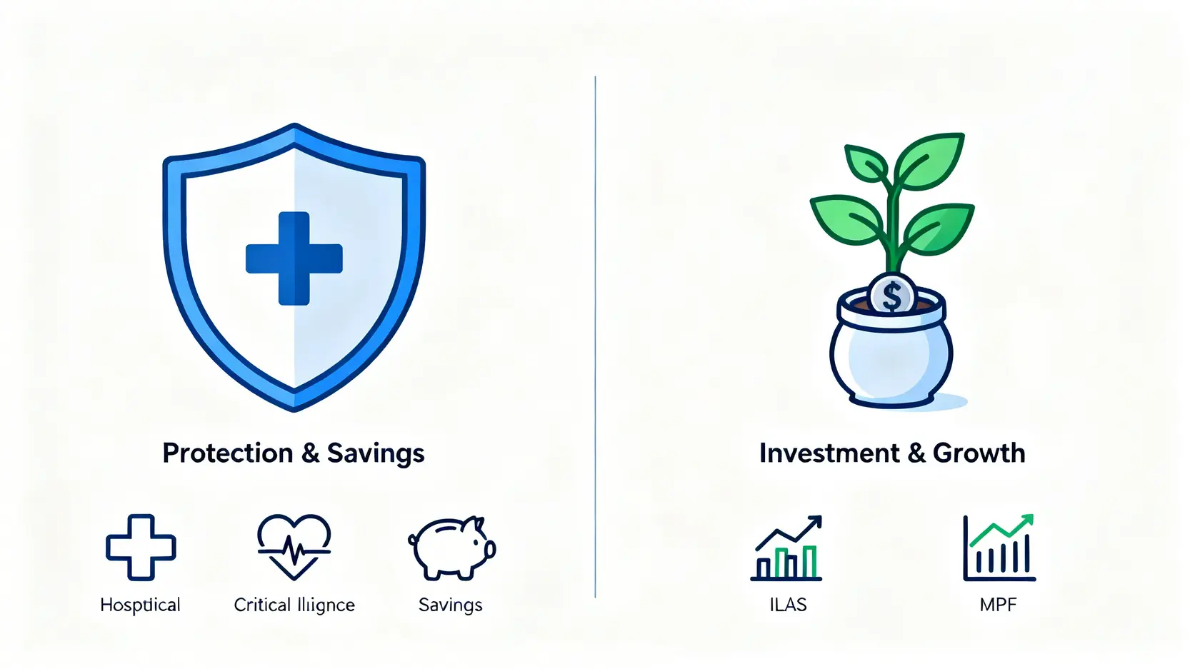 宏利理財產品兩大類型對比圖:左側是代表保障與儲蓄的盾牌,右側是代表投資增值的成長植物。