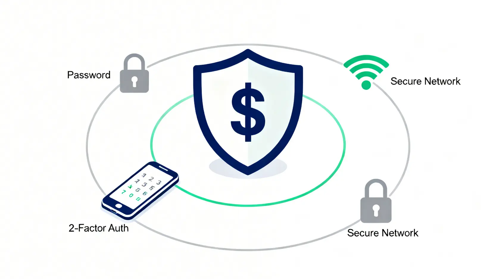 網上理財安全概念圖,展示密碼、雙重認證和安全網絡構成的多層防護,保護銀行賬戶安全。