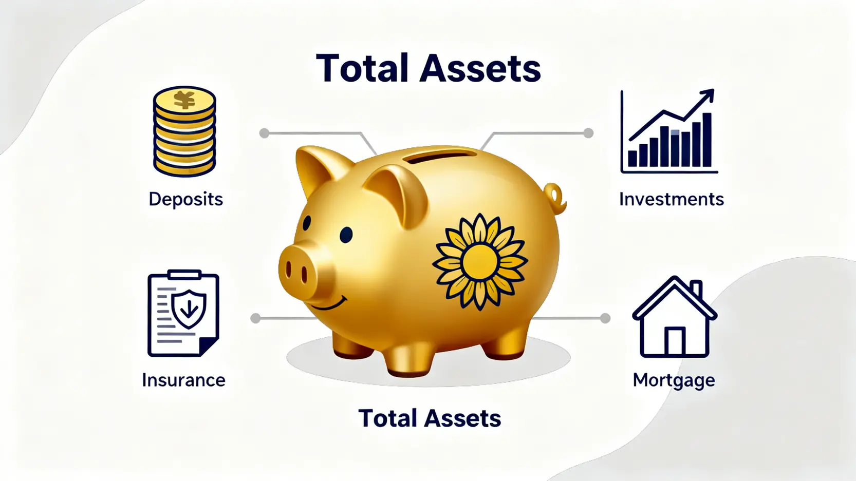 「綜合理財總值」構成示意圖,展示了存款、投資、保險及按揭如何匯集成銀行貴賓服務的資產門檻。