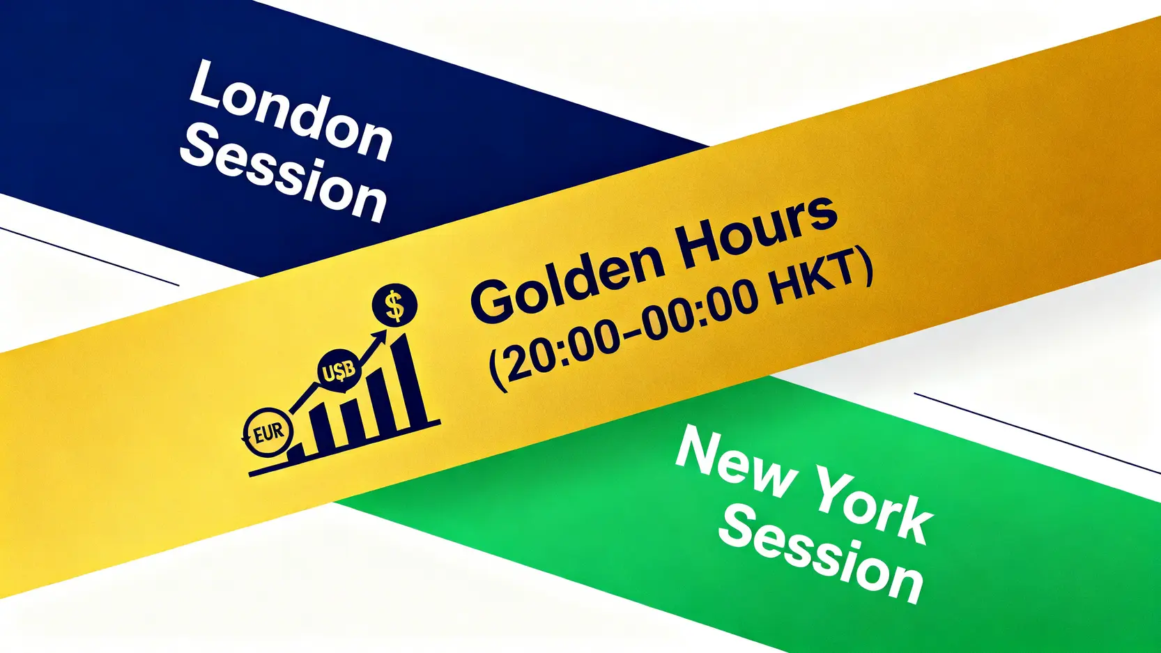 歐美外匯市場重疊時段示意圖,顯示倫敦和紐約市場交叉的黃金四小時,此時段交易量和波動性達到頂峰。