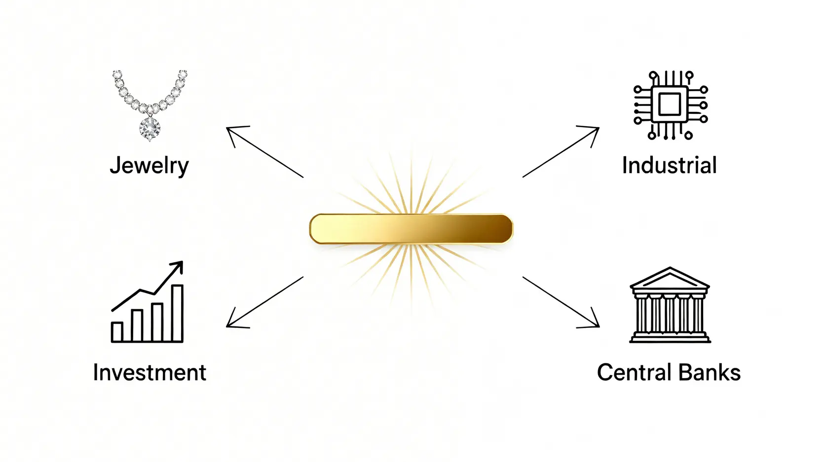 一張圖解釋黃金的四大需求來源,包括珠寶首飾、工業應用、投資需求和央行儲備。