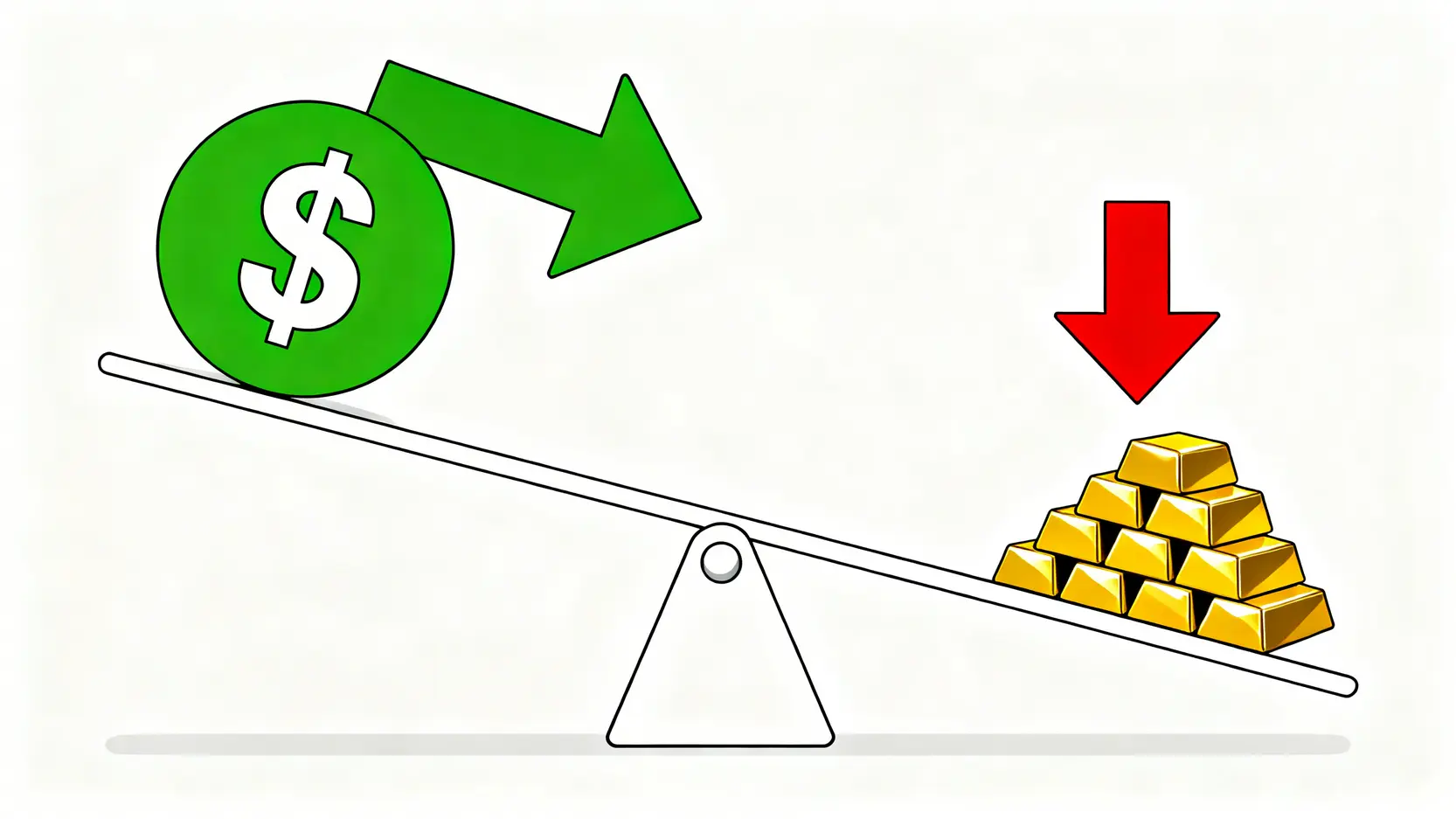一個蹺蹺板圖解,一端是上升的美元符號,另一端是下降的金條,展示美元與黃金價格的負相關關係。