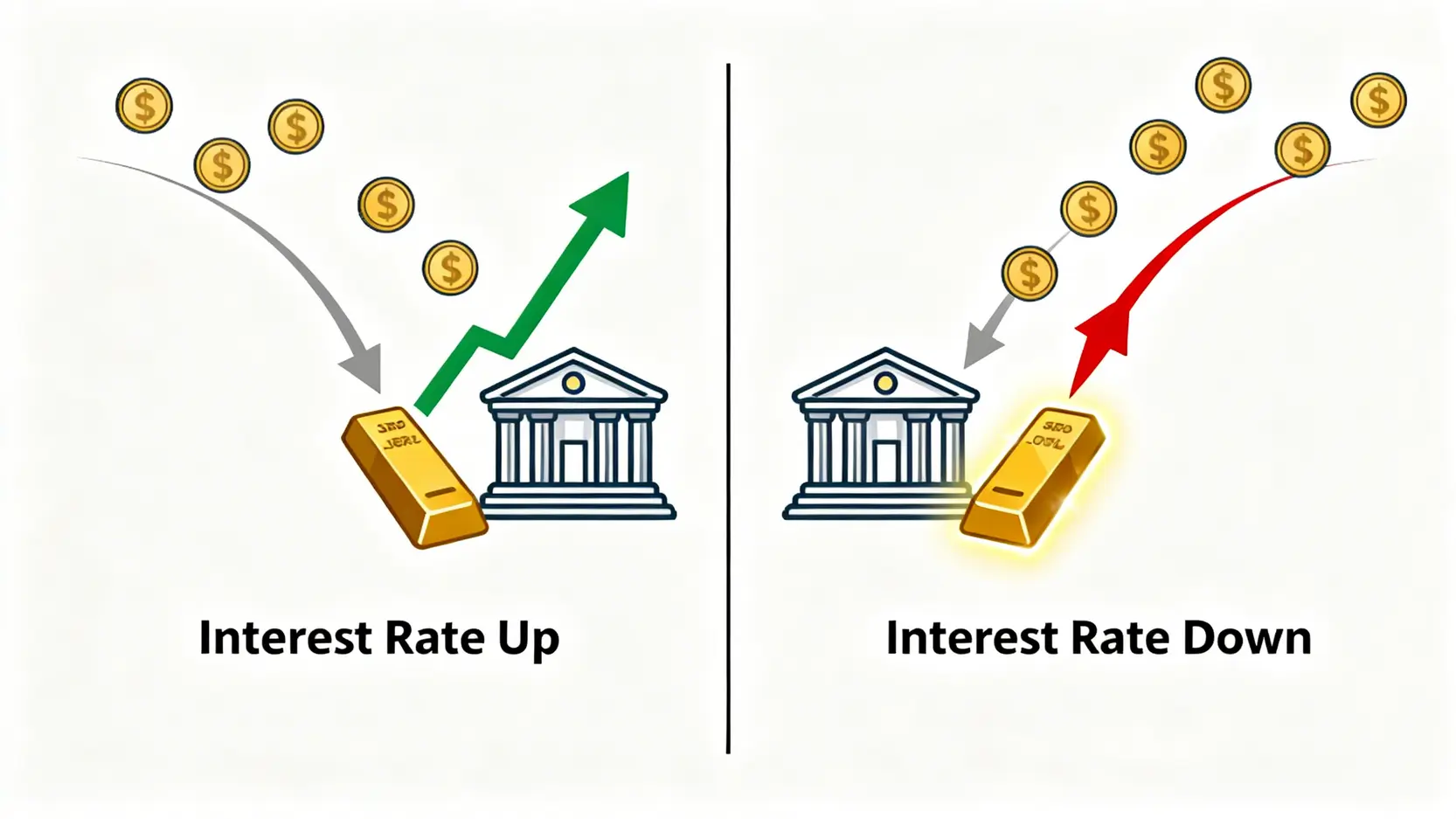 一張對比圖,左邊顯示加息時資金從黃金流向銀行,右邊顯示減息時資金從銀行流向黃金。
