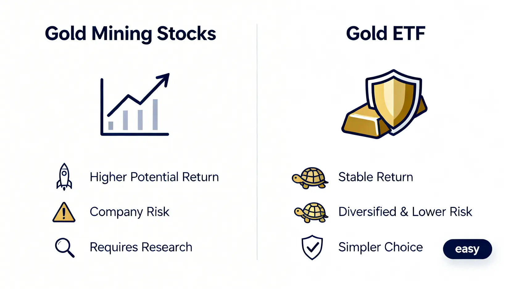 一張對比圖,比較投資黃金個股與黃金ETF的優缺點,涵蓋回報潛力、風險和研究複雜度。