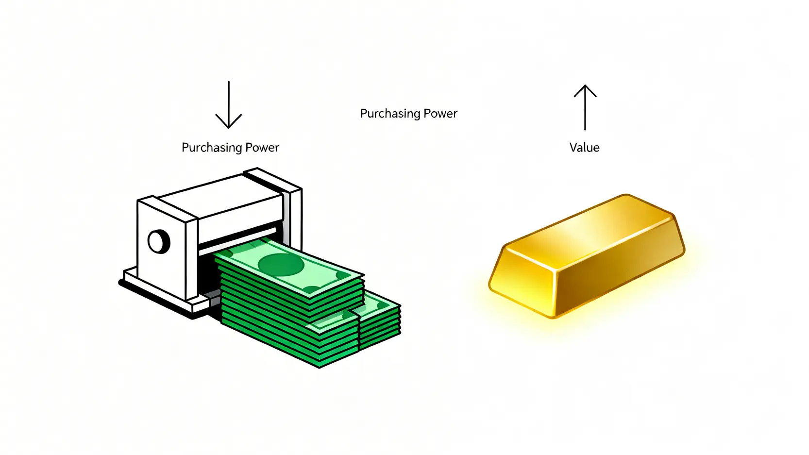 一張對比圖,展示了貨幣因通脹而購買力下降,而黃金價值保持穩定的概念。