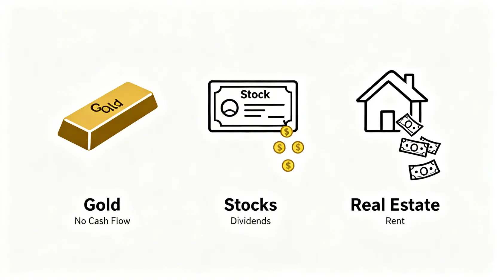 一張概念圖,比較黃金、股票和房地產三種資產,突顯黃金無法產生利息或股息的特性。