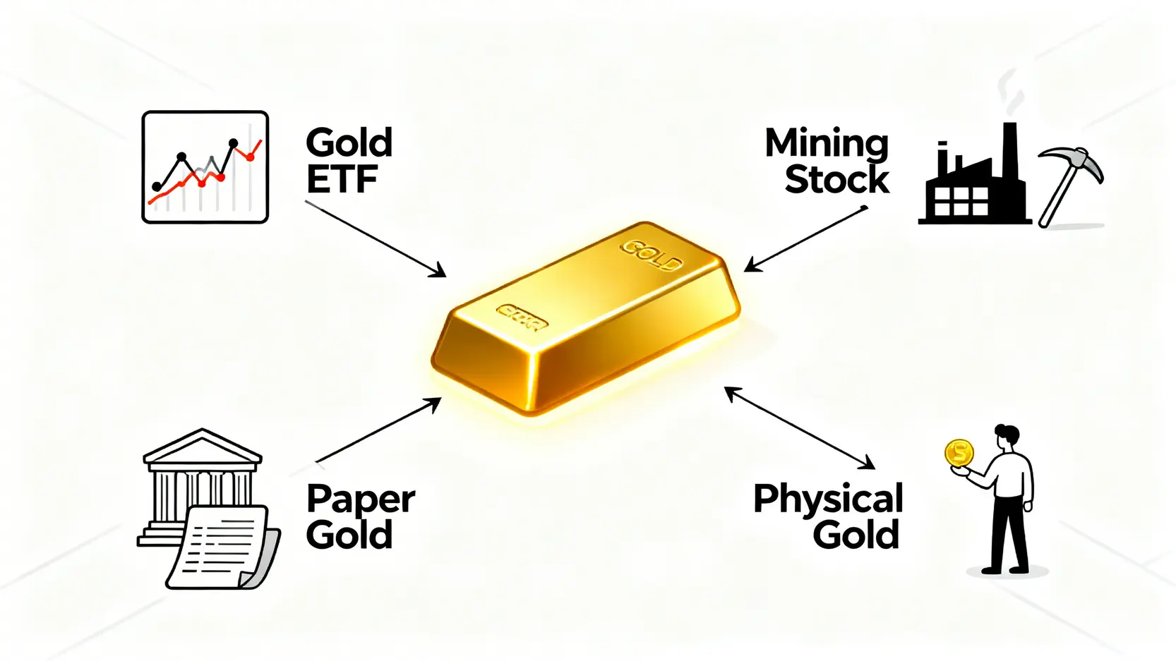 四種黃金投資方法的概念比較圖,展示黃金ETF、金礦股、紙黃金和實體黃金的不同特性。