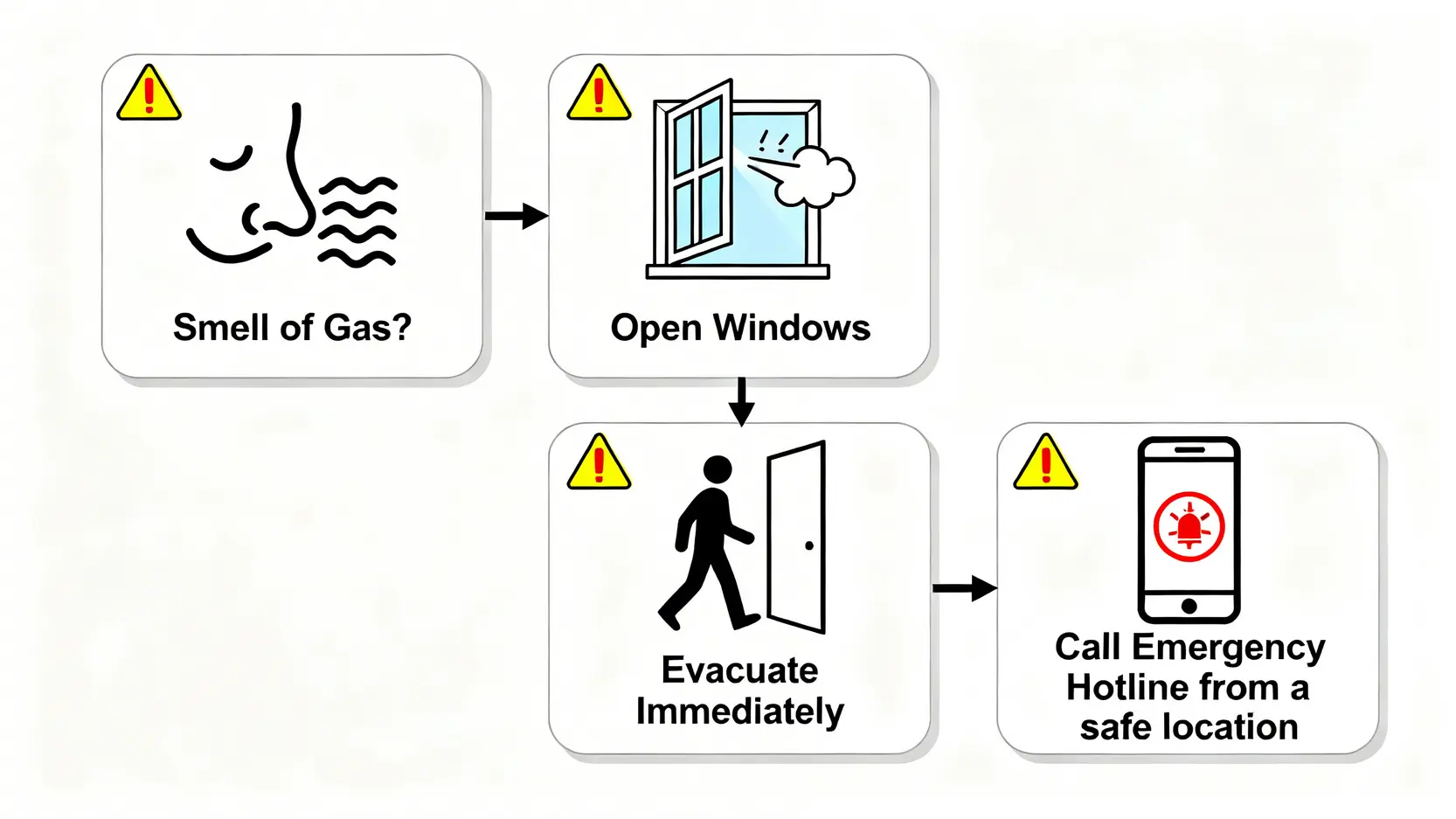 處理煤氣洩漏的四個安全步驟流程圖：聞到煤氣味、打開門窗、立即撤離、到安全地方致電求助。