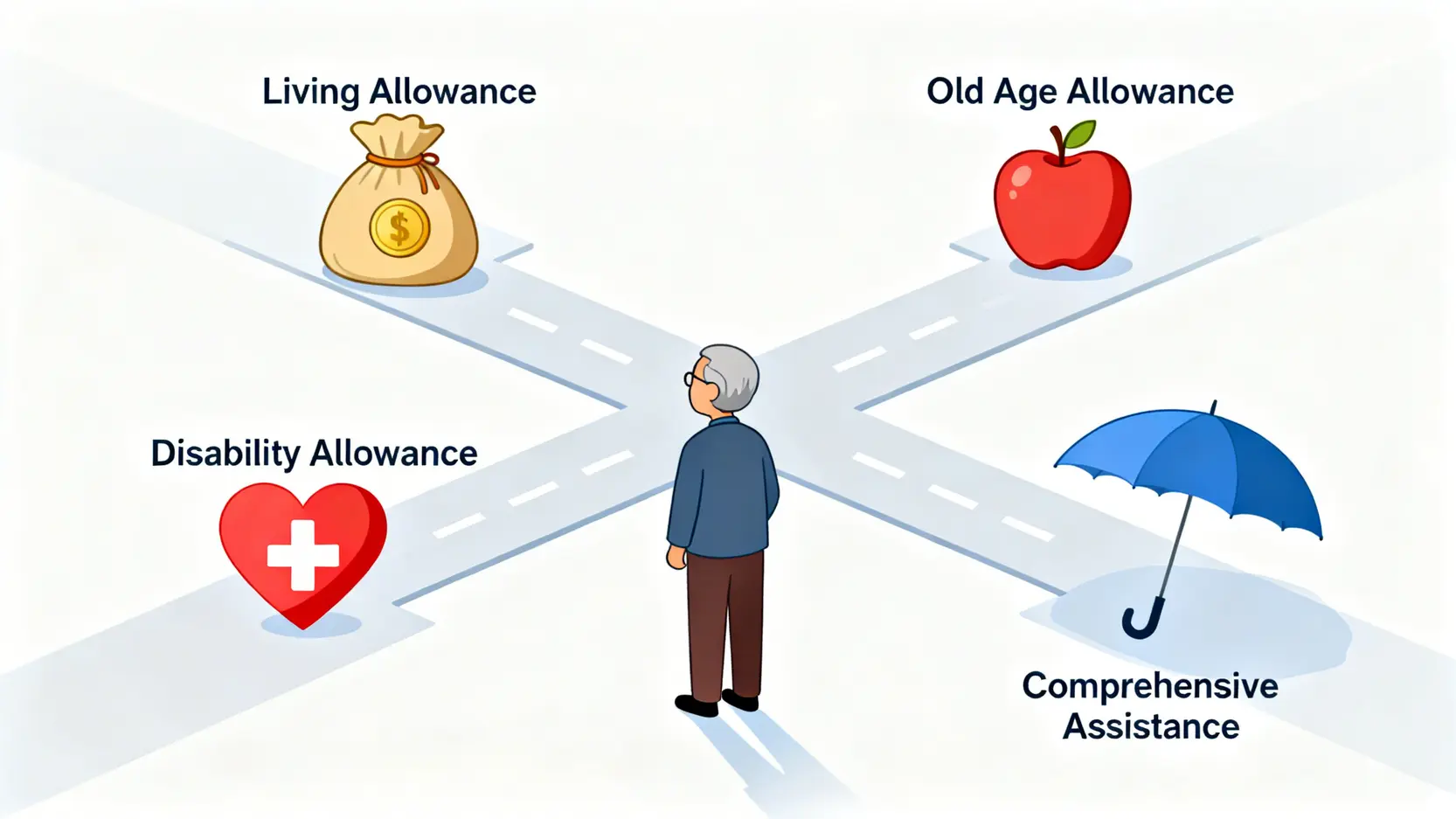香港四種主要長者津貼的比較示意圖,包括長者生活津貼、高齡津貼、傷殘津貼及綜援。