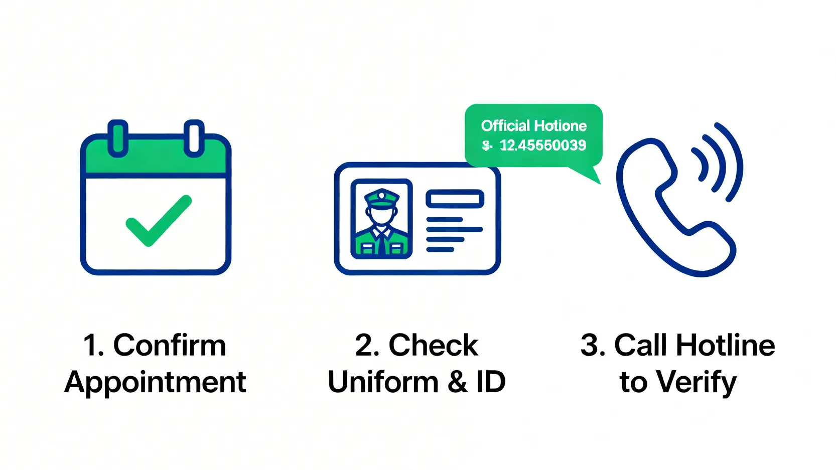 一個三步驟指南,教導市民如何核實上門煤氣公司職員的身份,包括確認預約、檢查證件和致電熱線。