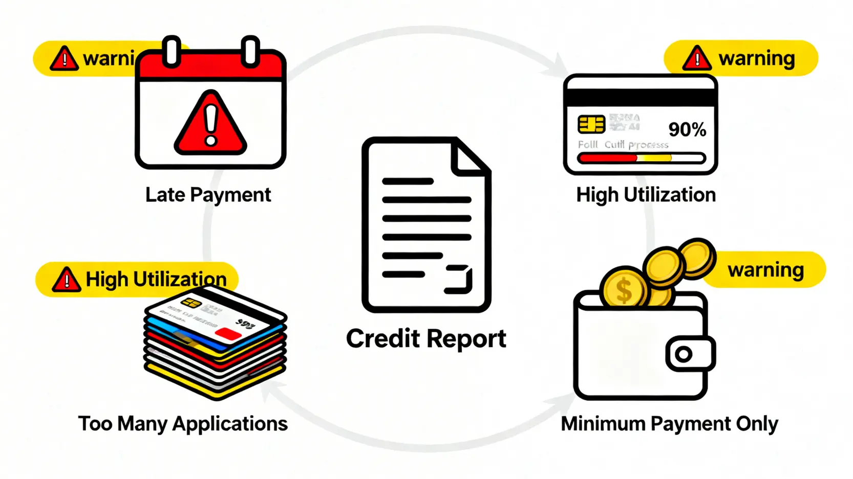 影響信貸評級的四大因素示意圖,包括逾期還款、高信貸使用率、頻繁申請信用卡和只還最低還款額。