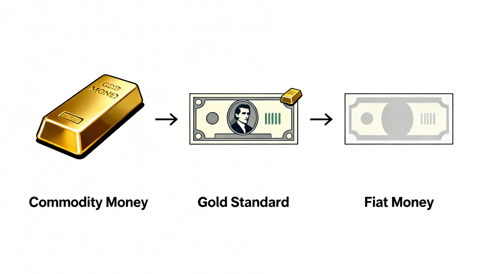 從商品貨幣到法定貨幣的演變過程示意圖,展示了從黃金到與黃金掛鉤的紙幣,再到現代法定貨幣的進程。