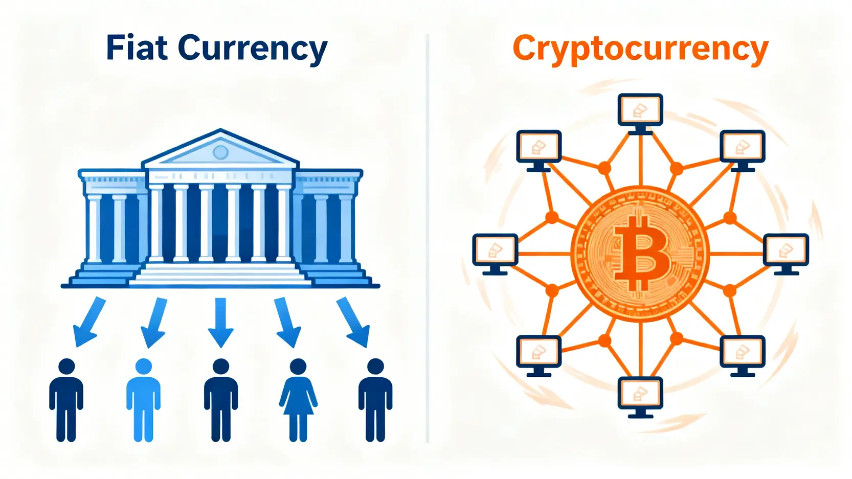 法定貨幣與加密貨幣的比較圖,左側展示了由中央機構控制的中心化法定貨幣體系,右側展示了由網絡節點共同維護的去中心化加密貨幣體系。