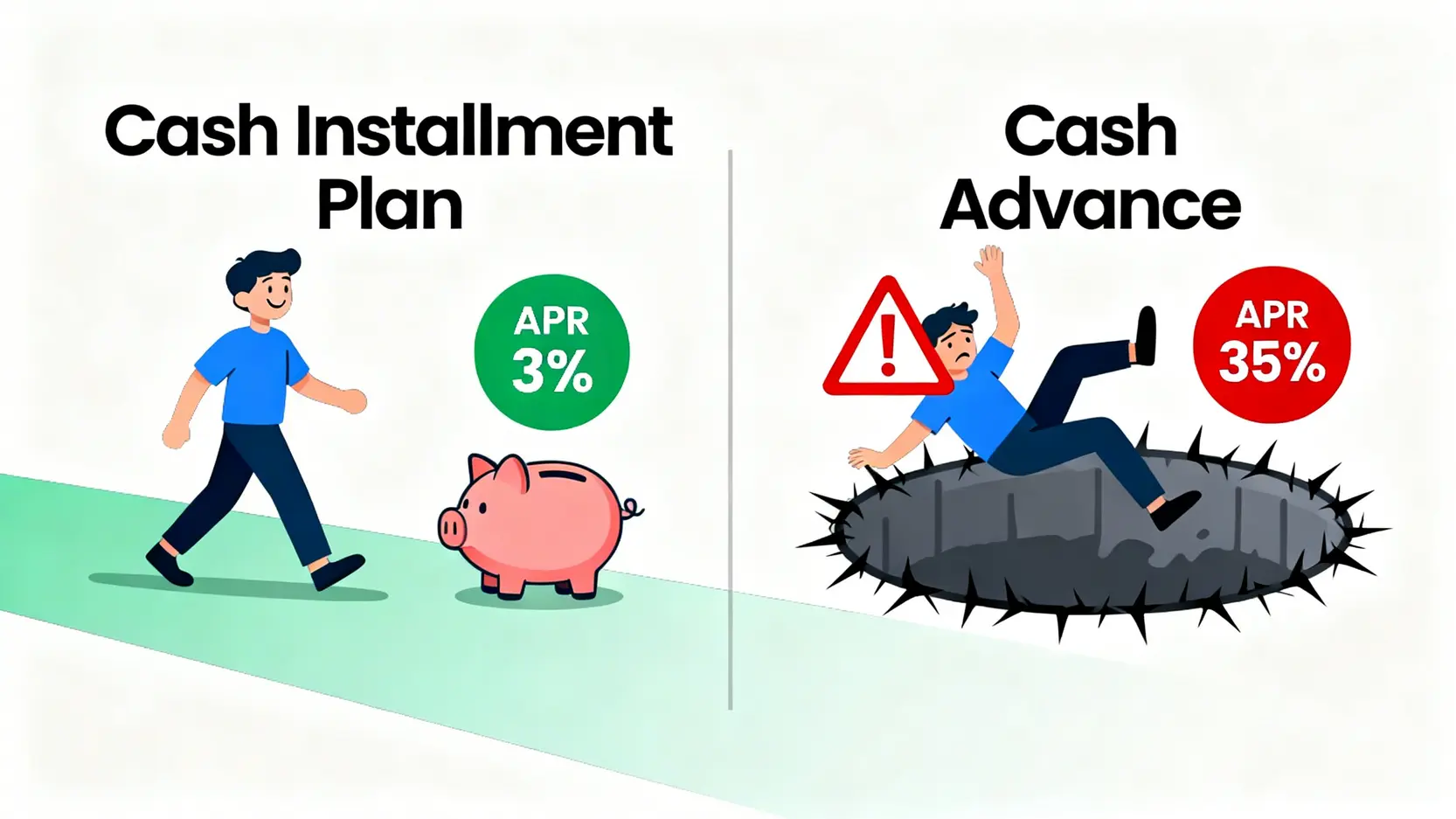 信用卡現金分期與現金透支的對比圖,左邊是低利率的安全路徑,右邊是高利率的危險陷阱。