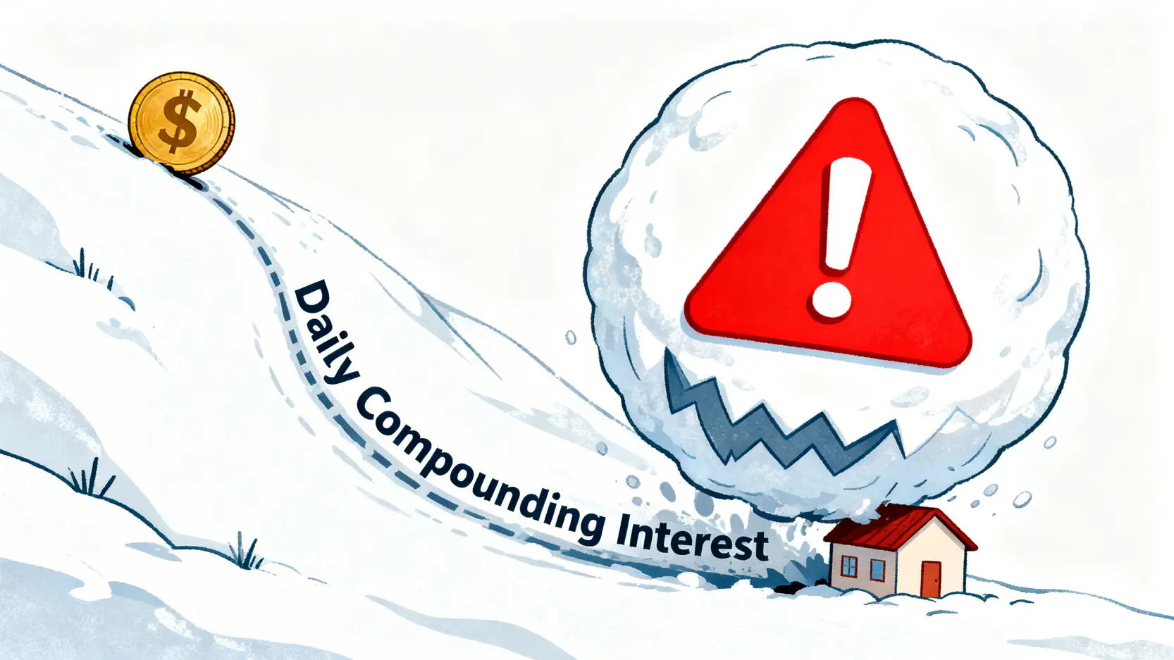 信用卡現金透支的複利效應示意圖,顯示一枚小錢幣滾下山坡變成一個巨大的債務雪球。