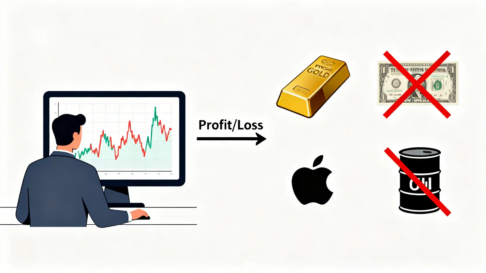 差價合約概念圖,顯示投資者只交易價格波動而非實際資產。