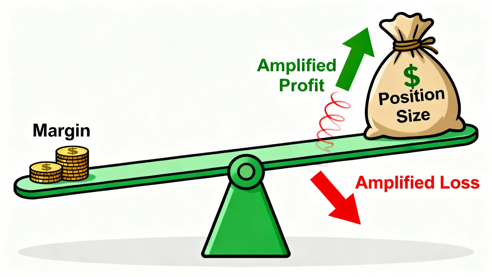 槓桿效應示意圖,展示了如何用少量保證金撬動大額倉位,但同時放大了潛在的利潤與虧損。