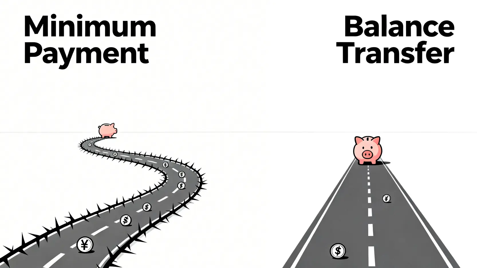 一張對比圖,比較只還Min Pay和申請結餘轉戶兩種清卡數方式。Min Pay的路徑漫長且利息高昂,而結餘轉戶的路徑則短而直接,利息支出極低。