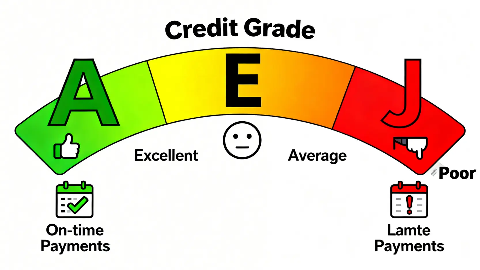 一張解釋信貸評級從A到J的示意圖,A級為優良,J級為差,並顯示了影響評級的還款習慣。