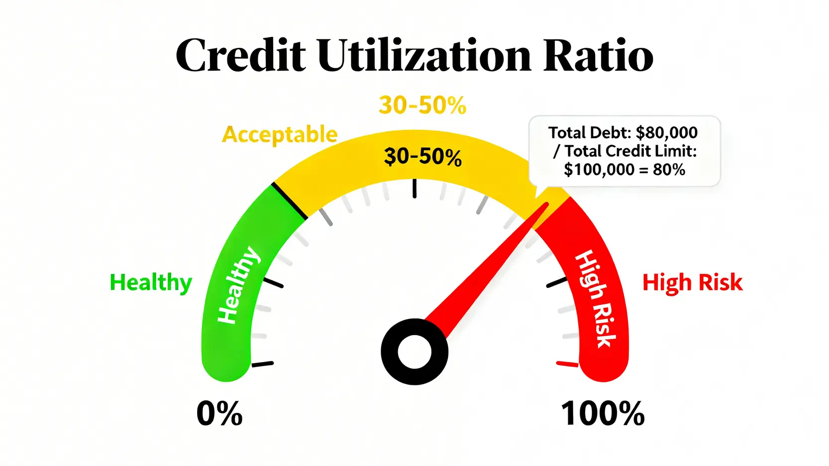 一張顯示信貸使用率的儀表圖,分為健康、可接受和高風險三個區域,指針指向80%的高風險區。
