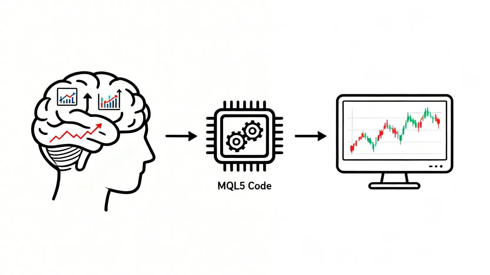 一張示意圖,展示了人類的交易策略如何通過EA智能交易系統轉化為電腦自動執行的指令。