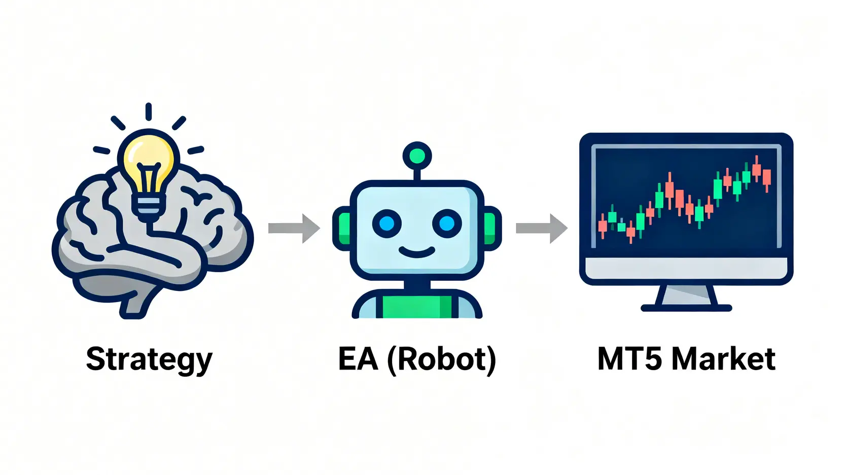 MT5 EA智能交易系統運作原理示意圖,展示了由人類策略驅動機器人自動在市場中執行交易的過程。