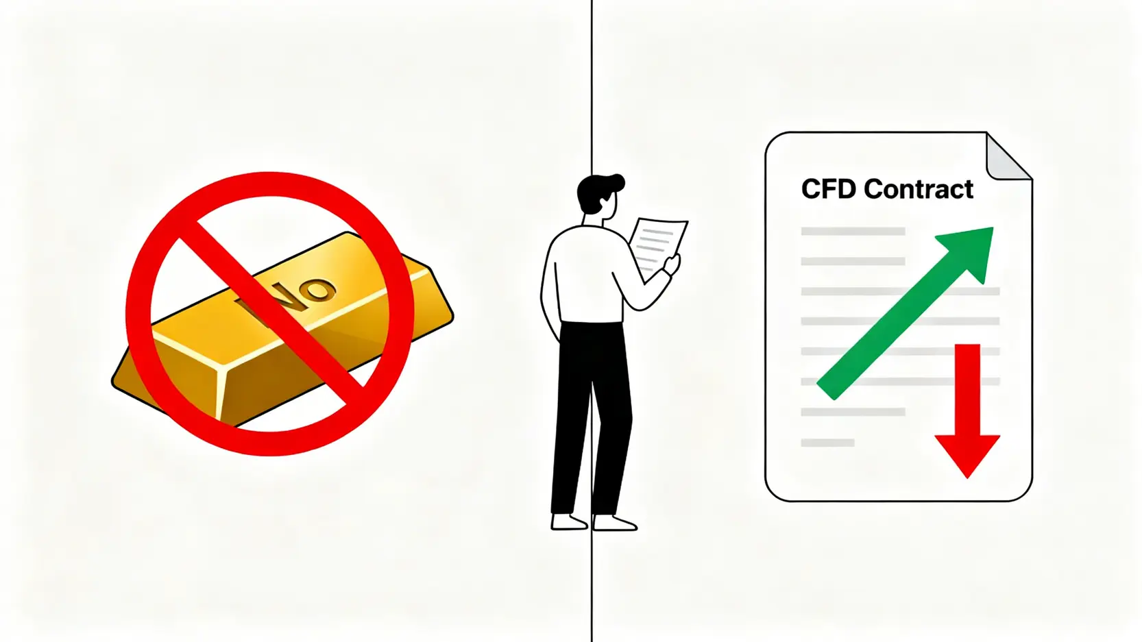 黃金CFD概念圖,顯示投資者交易的是代表價格漲跌的合約,而非實體黃金。