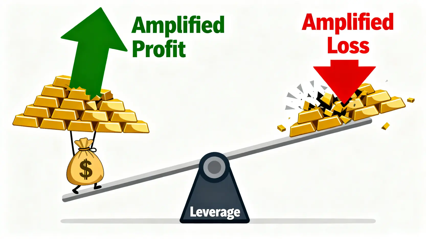 槓桿風險示意圖,描繪槓桿如同一把雙面刃,能同時放大潛在利潤與虧損。