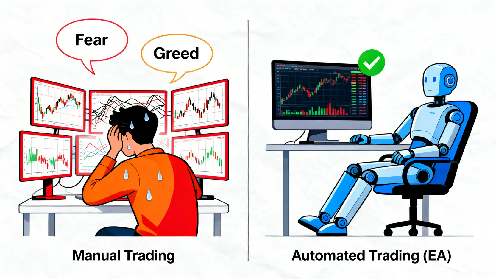 一張對比圖,左邊是一位焦慮的人手動交易,受情緒影響;右邊是一個冷靜的交易機械人自動執行交易,不受情緒干擾。