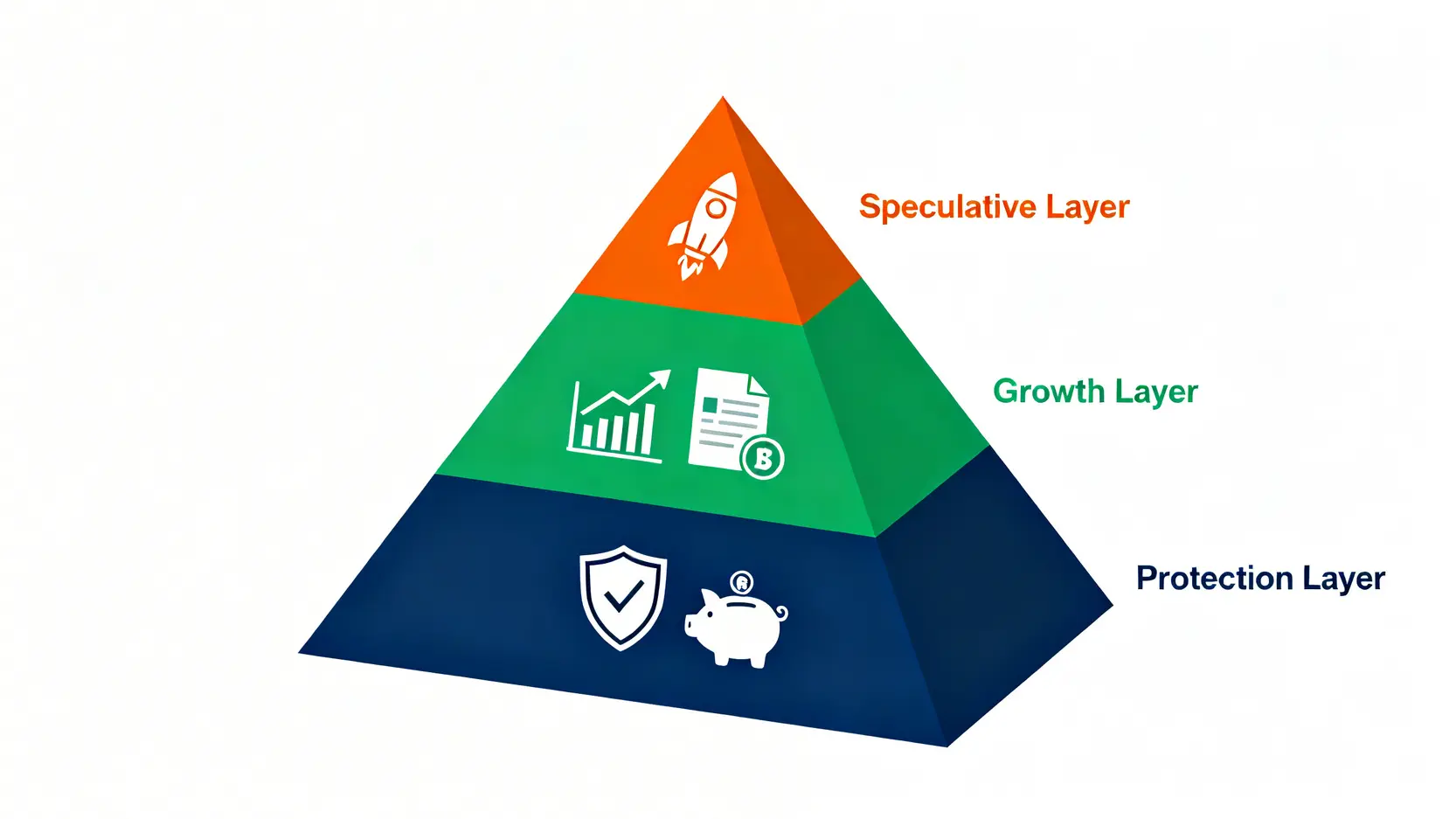 理財金字塔三層結構示意圖,由下至上分別為保障層、增值層與投機層。