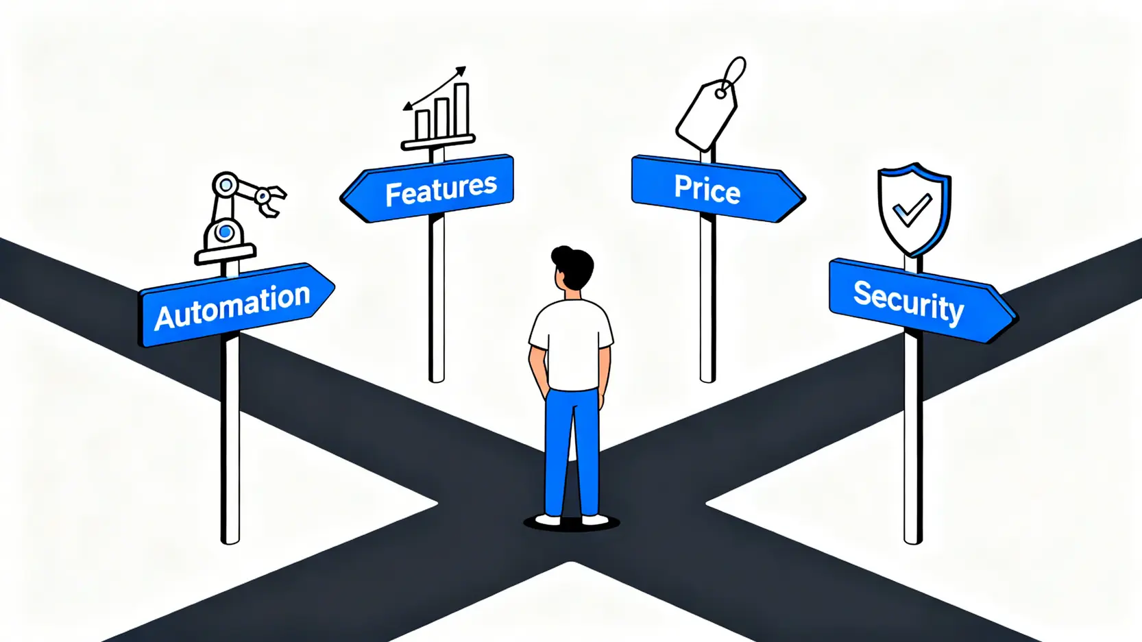 一位使用者在十字路口前思考,前方有四個路牌分別代表選擇理財App的四大準則:自動化、功能、收費和安全性。