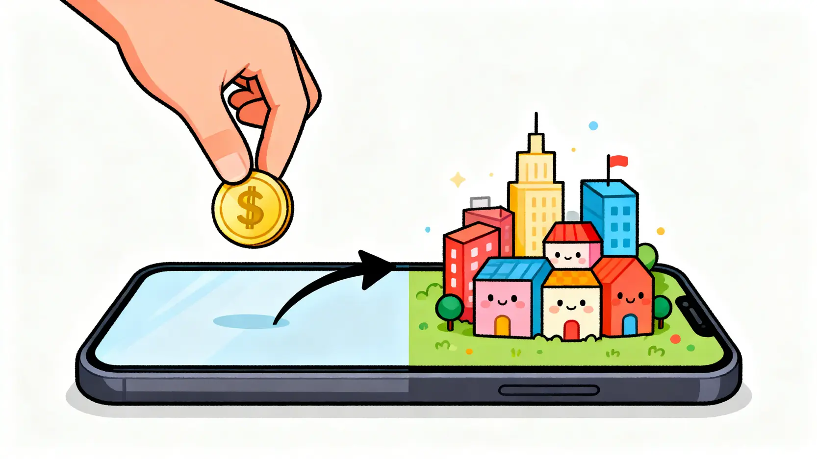 遊戲化記帳App概念圖,展示了將每一筆消費記錄轉化為建造虛擬城市建築物的過程。