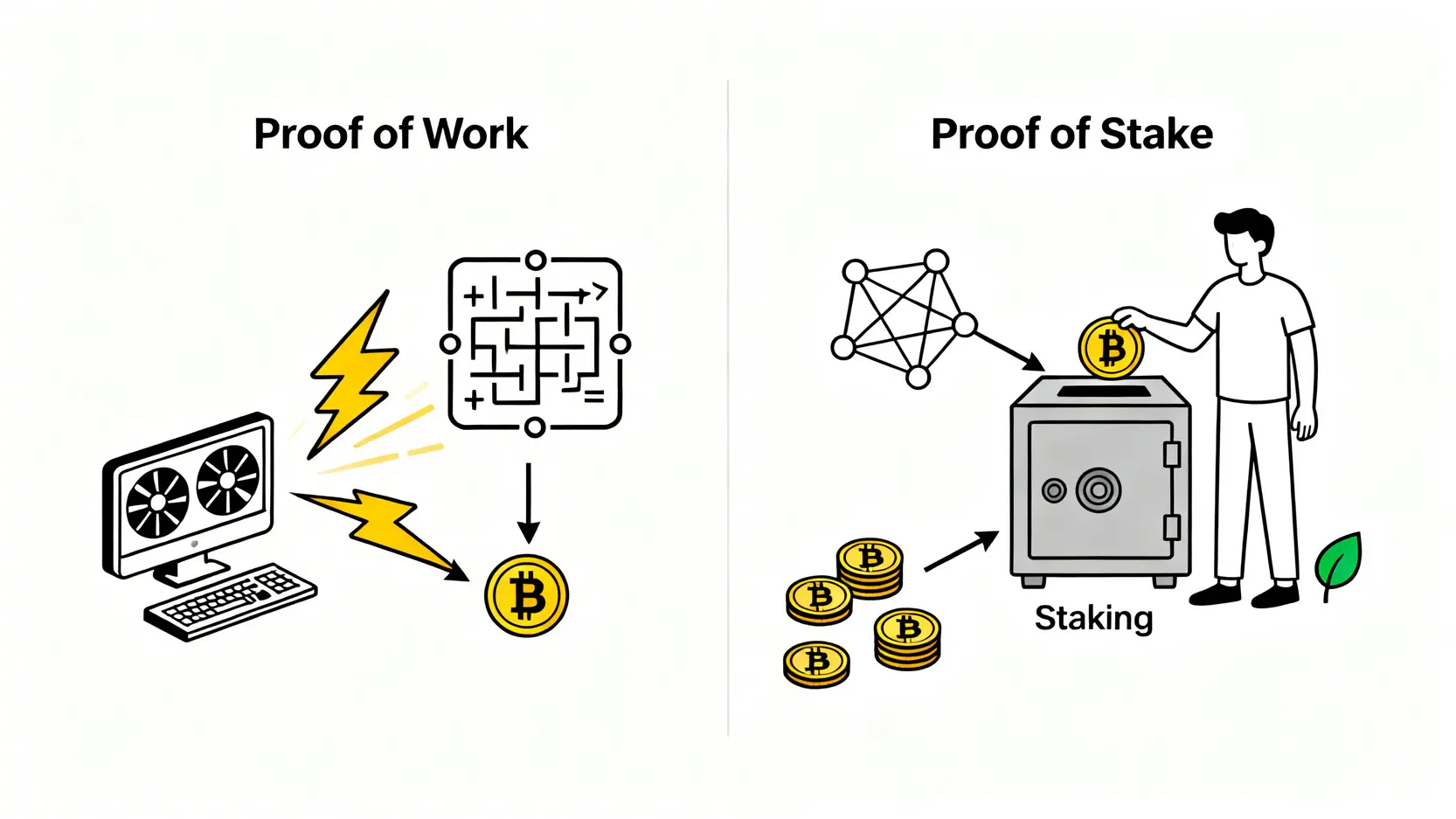 一張對比圖,展示了以太坊工作量證明(PoW)與權益證明(PoS)機制的區別,前者使用顯示卡和大量電力挖礦,後者則通過質押以太幣來賺取獎勵。