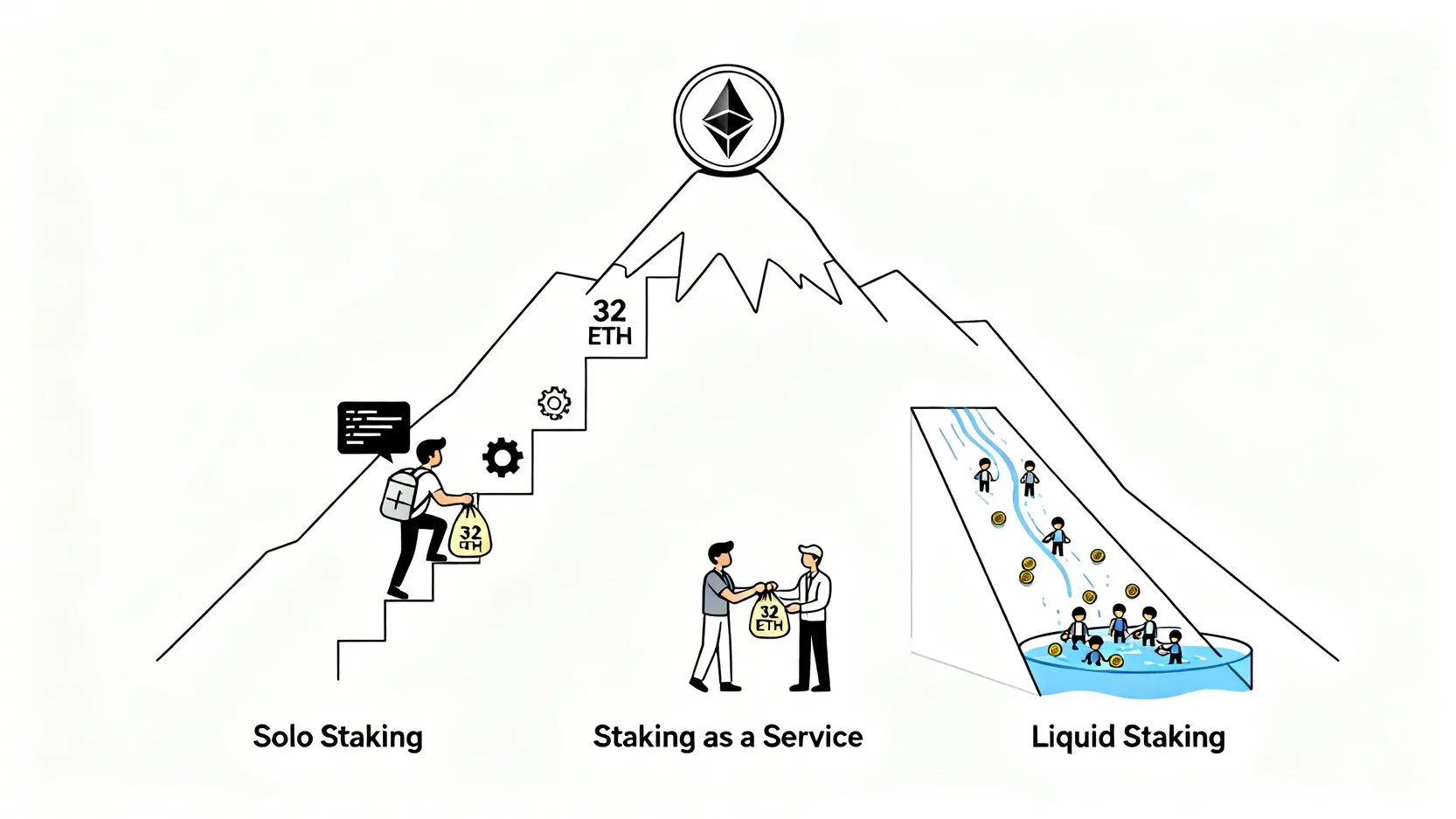一張圖表展示了三種以太幣質押方式:獨自質押(高門檻高技術)、質押即服務(高門檻低技術)和流動性質押(低門檻低技術)。