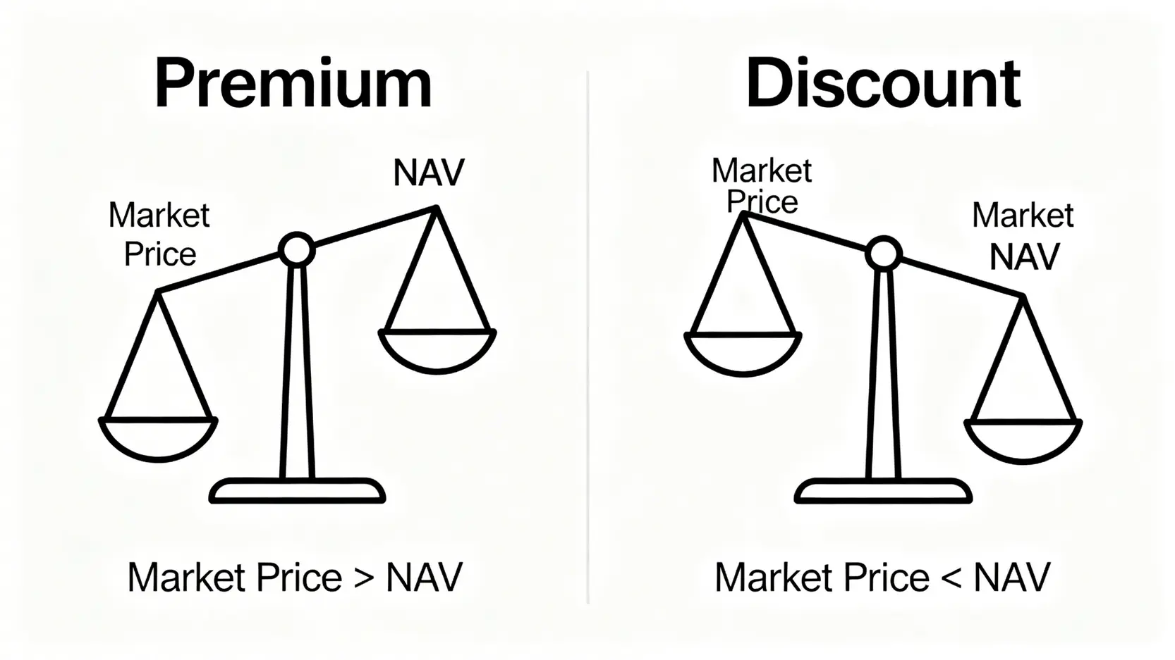 ETF折價與溢價風險示意圖,用天秤解釋市價高於或低於資產淨值(NAV)的兩種情況。