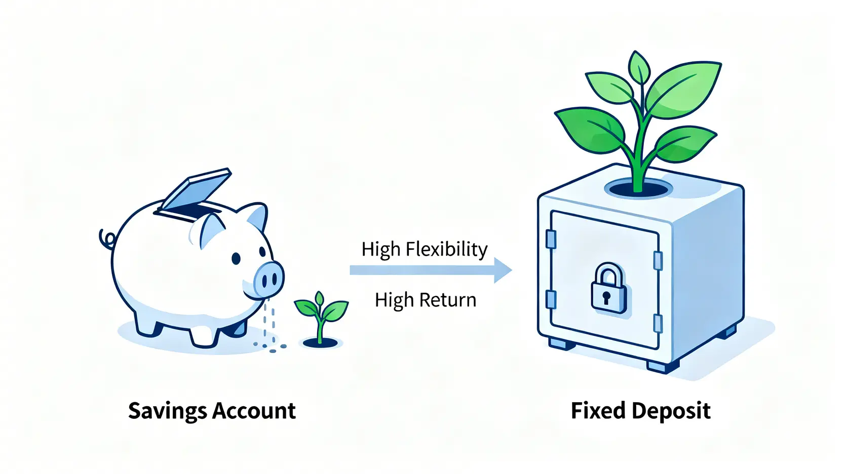 活期存款與定期存款的對比圖,活期存款像一個可以隨時取錢的存錢罐,利息回報較低;定期存款則像一個鎖上的保險箱,資金靈活性低但利息回報更高。