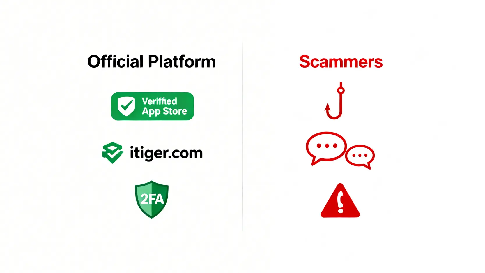 一張對比圖,展示官方老虎證券與詐騙手法的區別,包括官方渠道、可疑連結和虛假群組。