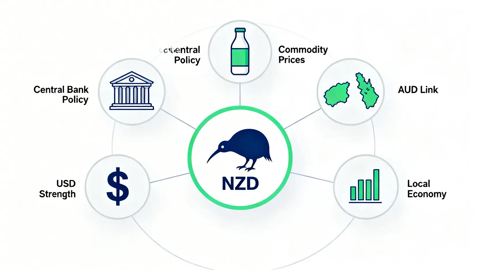 影響紐幣走勢的五大關鍵因素示意圖,包括央行政策、商品價格、澳幣連動、美元強弱和本地經濟。