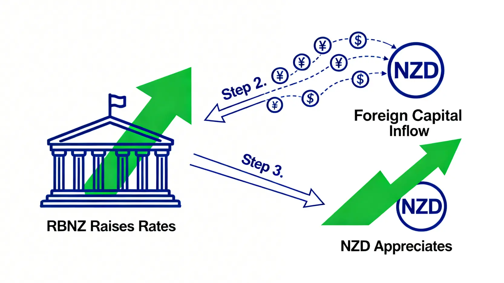 紐西蘭央行加息如何推高紐幣匯率的流程圖,展示了從加息到資金流入再到貨幣升值的過程。