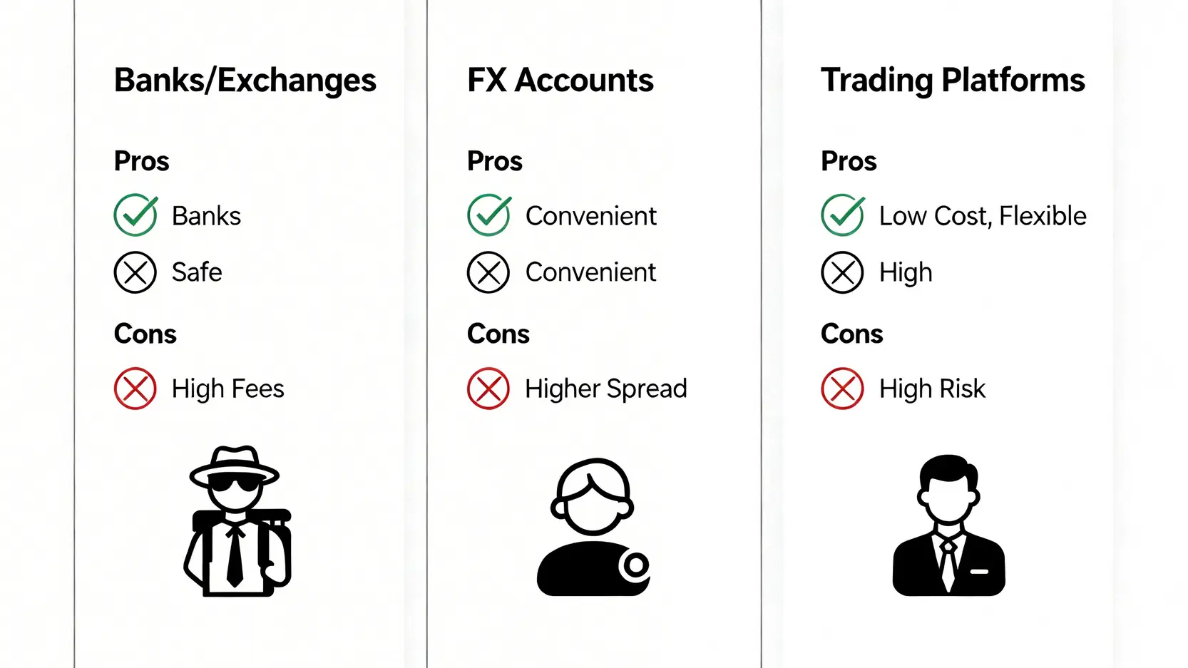 比較三種兌換和投資紐幣的方法:銀行/找換店、外幣戶口、外匯交易平台,展示其優點、缺點和適合人群。