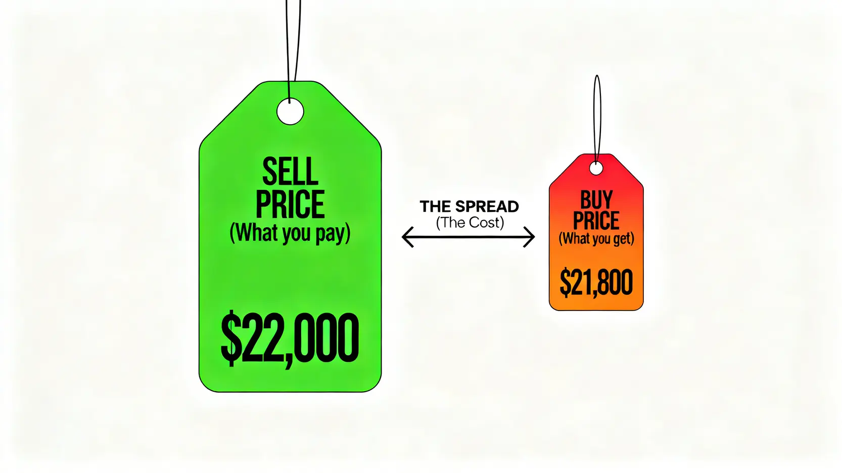 一張概念示意圖,解釋了黃金買賣差價的概念,顯示了較高的賣出價和較低的買入價之間的差距即為投資成本。