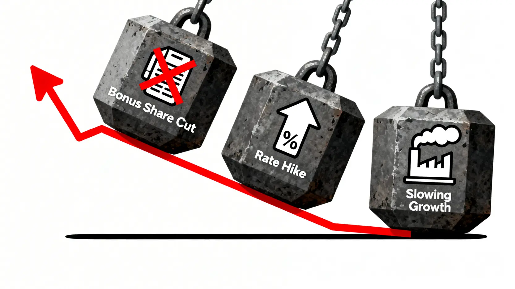 三大因素導致中華煤氣股價下跌的示意圖,包括停止紅股政策、利率上升和內地業務增長放緩。