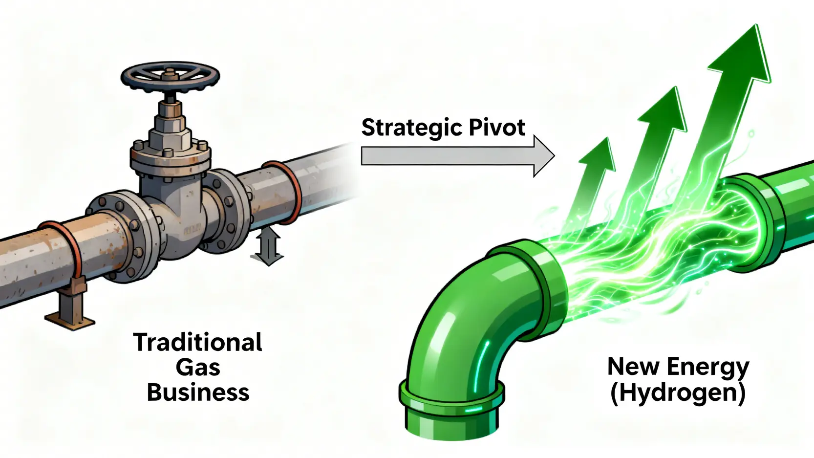中華煤氣從傳統燃氣業務轉向新能源(氫能)業務的戰略轉型示意圖。