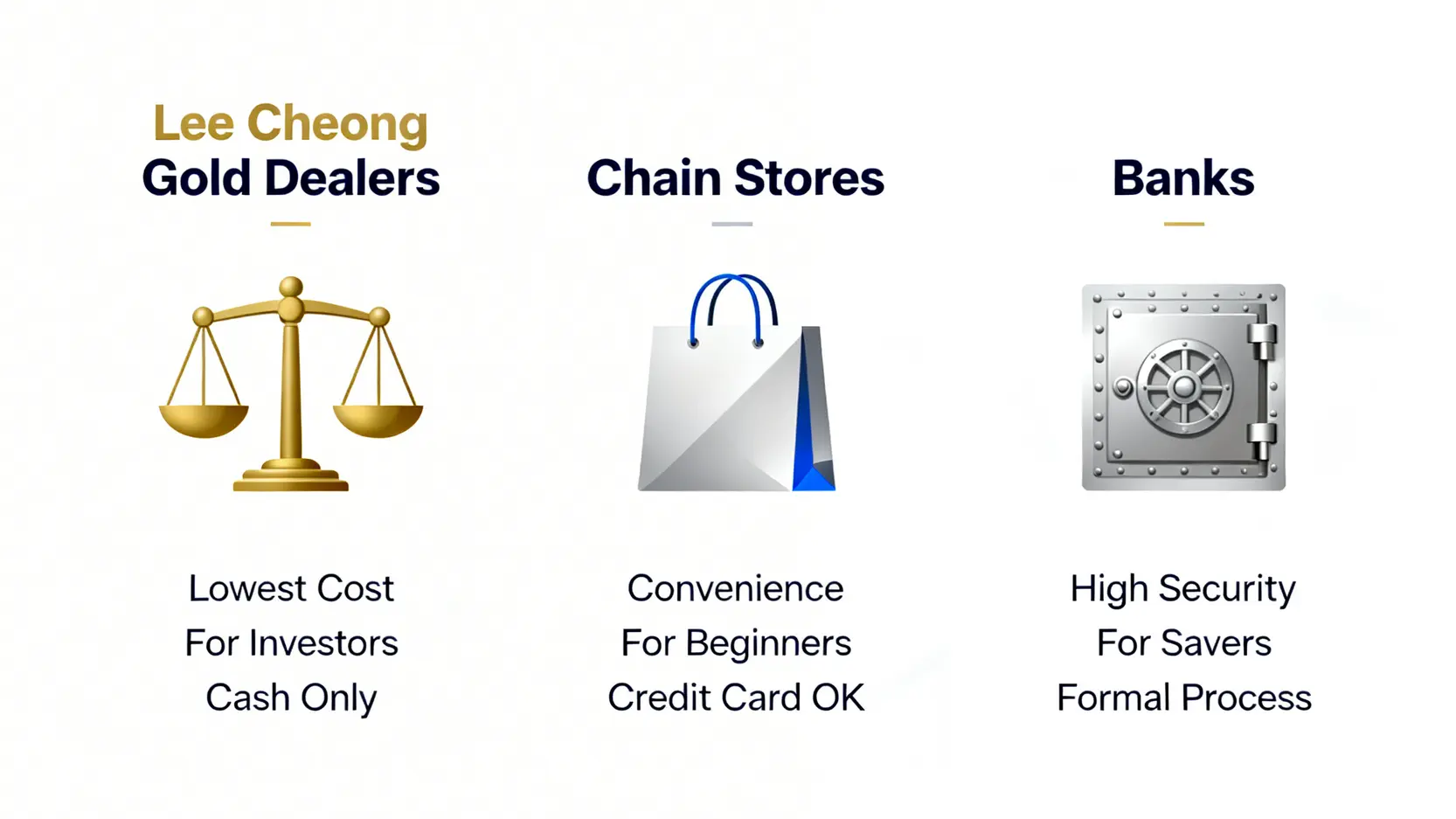 香港三大買實金渠道比較圖:利昌金鋪、連鎖金行及銀行,展示各自的優點和適合人群。