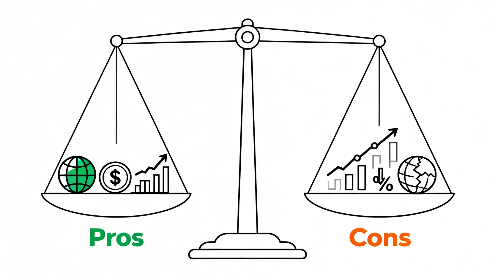 一張平衡磅圖表,左邊總結投資滙豐的長線價值如業務多元化和高股息率,右邊總結潛在風險如經濟衰退和利率風險。