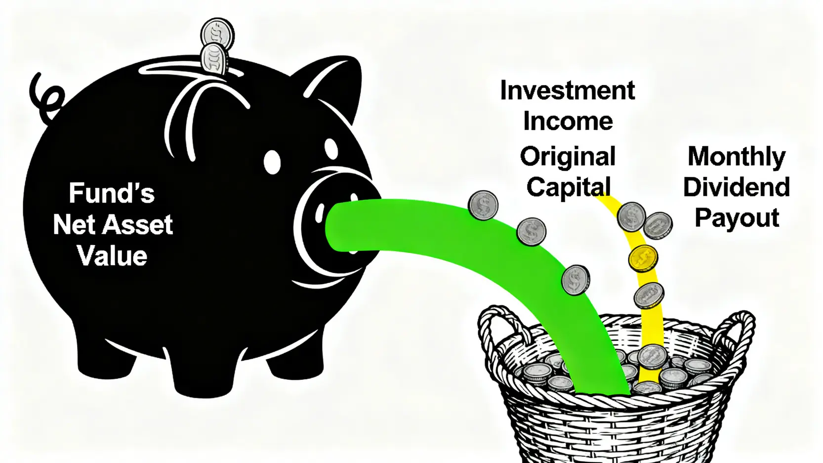 一張解釋基金如何從資本派發股息的示意圖,顯示派息來源可能包含投資收益和原始本金。