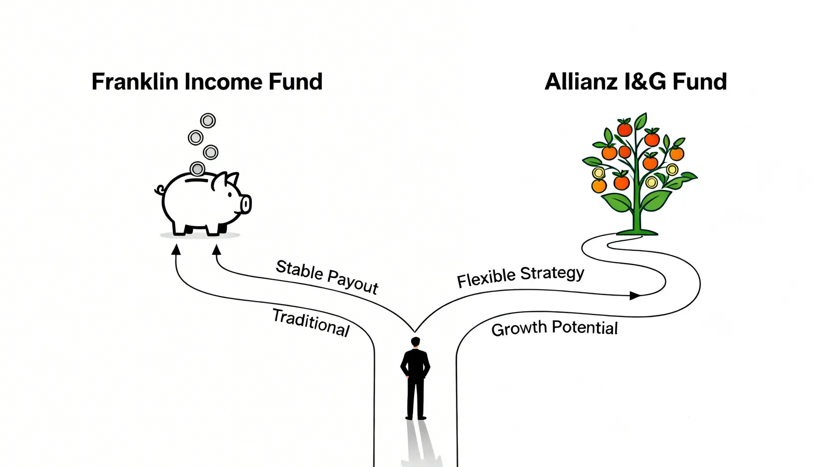一張對比富蘭克林入息基金與安聯收益及增長基金的圖表,展示兩者在投資策略和風險風格上的不同之處。