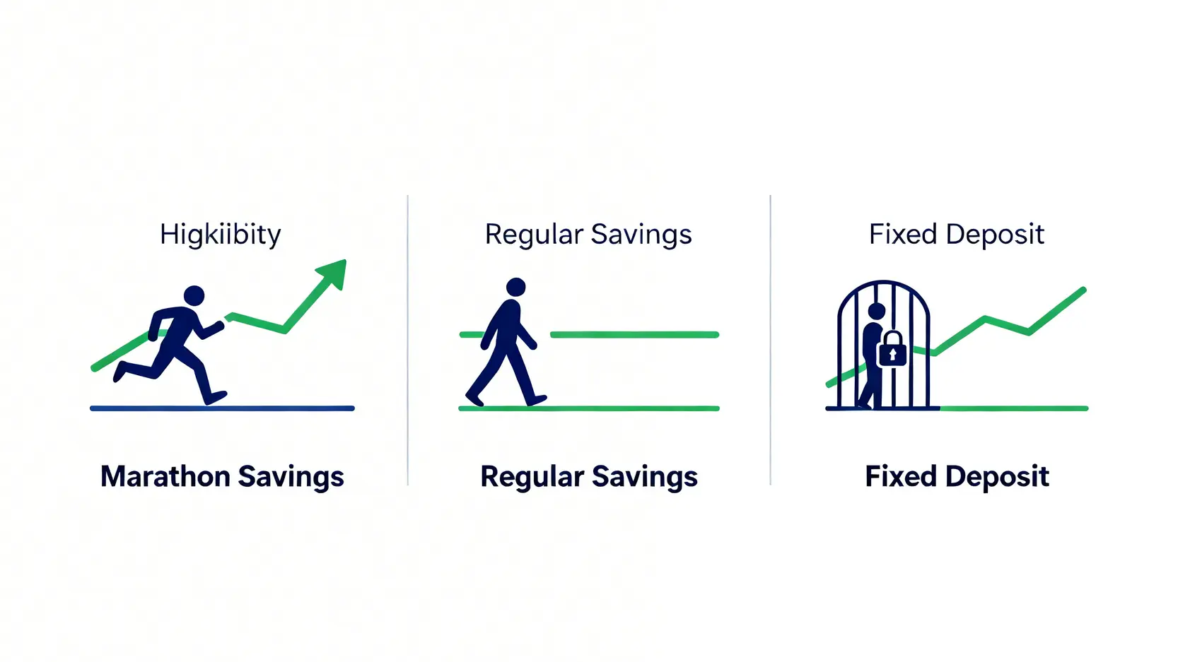 渣打馬拉松存款、一般活期存款與定期存款的比較圖,展示三者在資金靈活性和利率水平上的差異。
