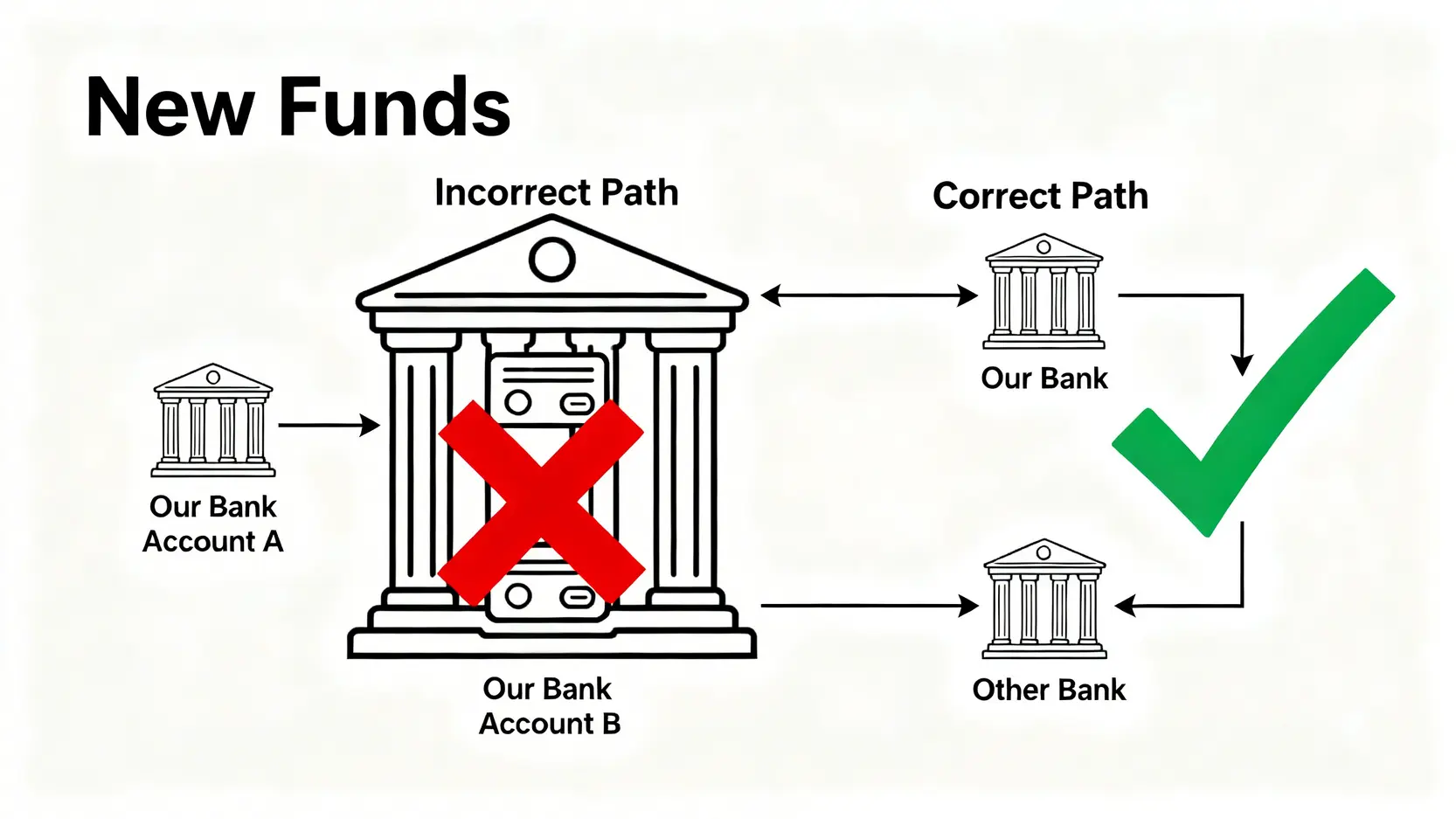 解釋渣打銀行「新資金」定義的流程圖,展示如何正確地將資金從其他銀行轉入以符合資格。